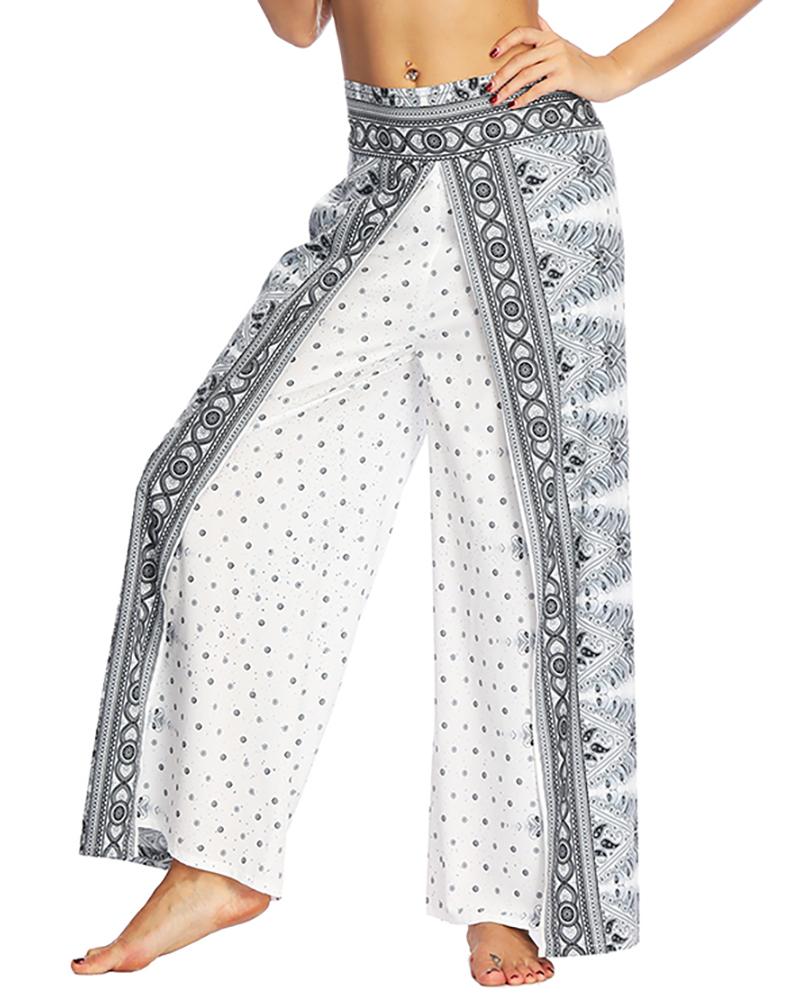 

Print Wide Leg Culotte Design Yoga Pant, Gray