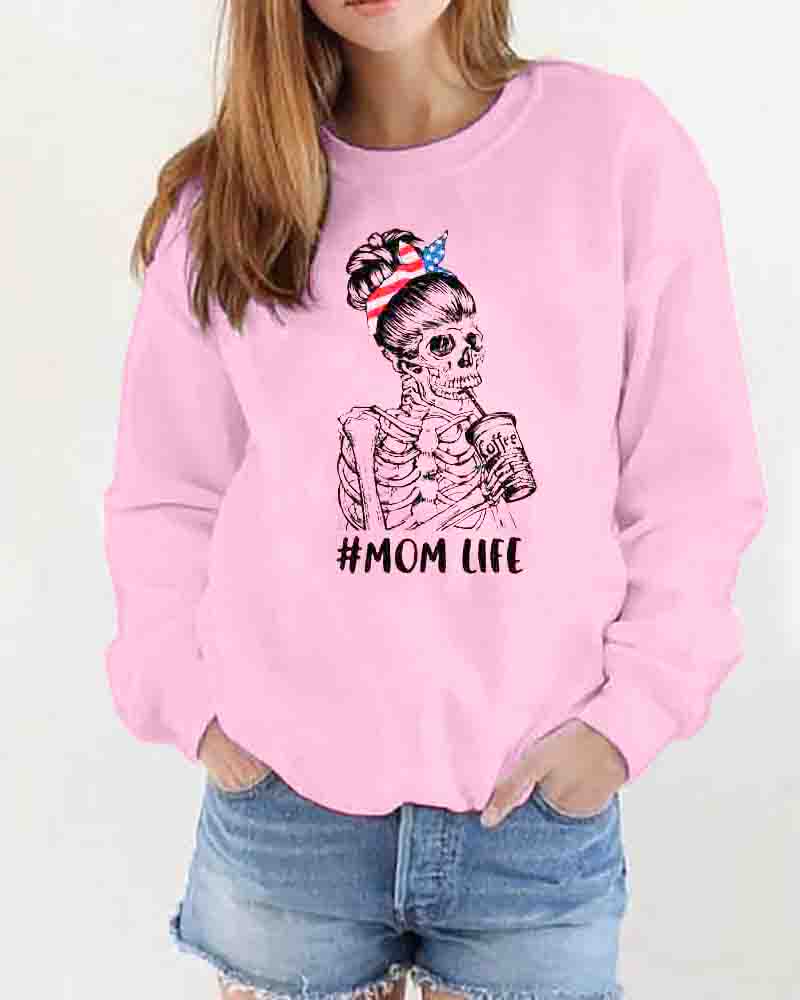 

Mother' Day Skeleton Letter Print Long Sleeve Sweatshirt, Pink