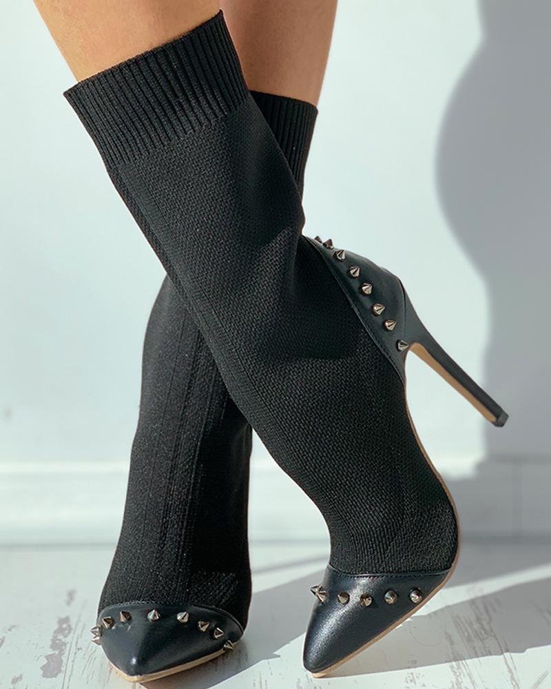 

Rivet Pointed Toe Stiletto Heel Boots, Black