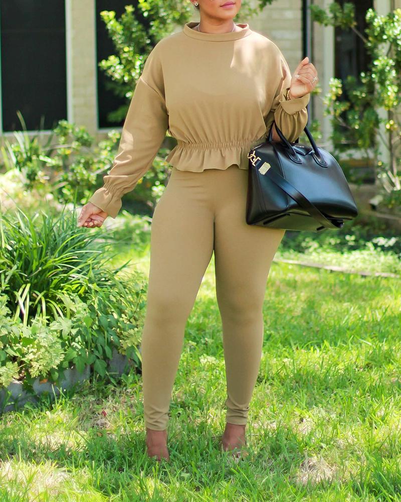 

Solid Long Sleeve Ruffles Blouse Suit Sets, Coffee