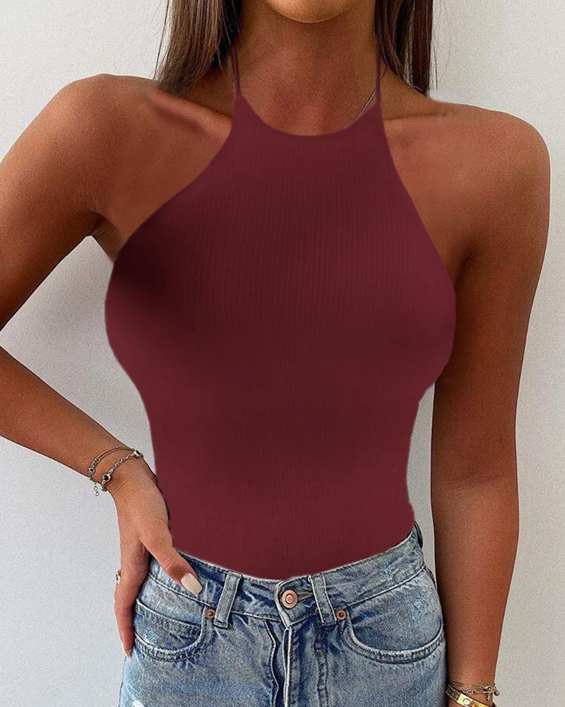 

Solid Halter Sleeveless Casual Bodysuit, Brown