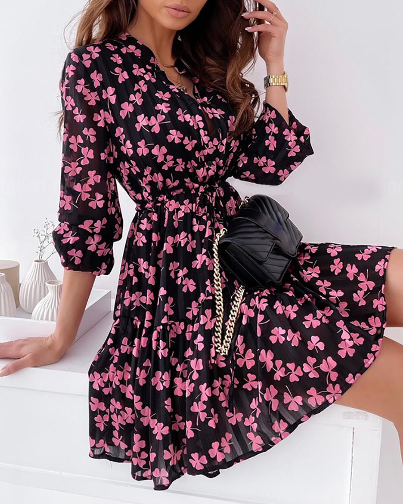 

Floral Print Deep V Neck Long Sleeve Dress, Hot pink