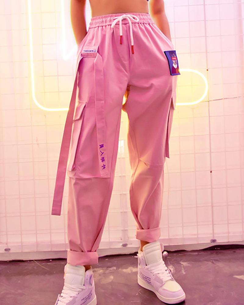 

Letter Tape Pocket Design Drawstring Cargo Pants, Pink