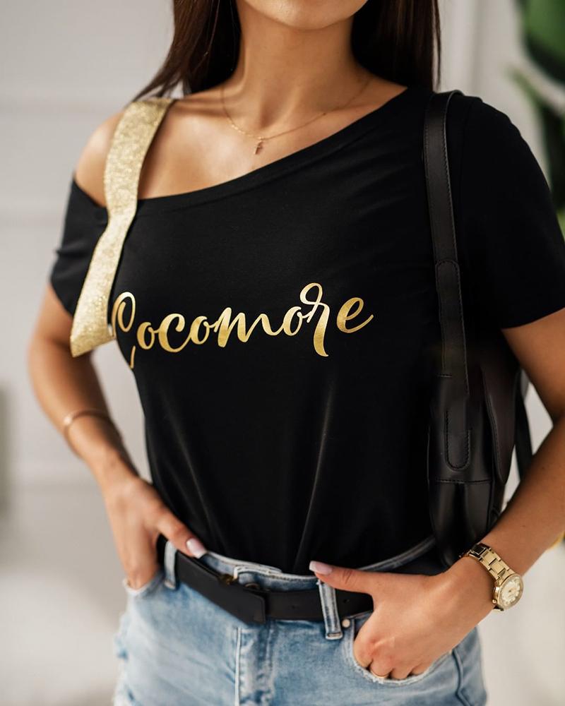 

One Shoulder Design Letter Print T-Shirt, Black