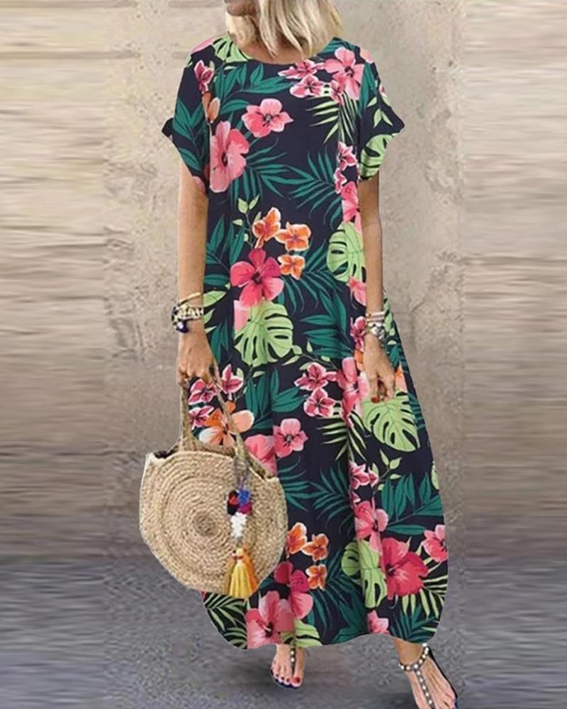 

Short Sleeve Pocket Design Tropical Print Dress, Green