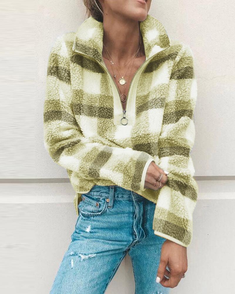 

Zipper Design Long Sleeve Fluffy Plaid Sweatshirt, Green