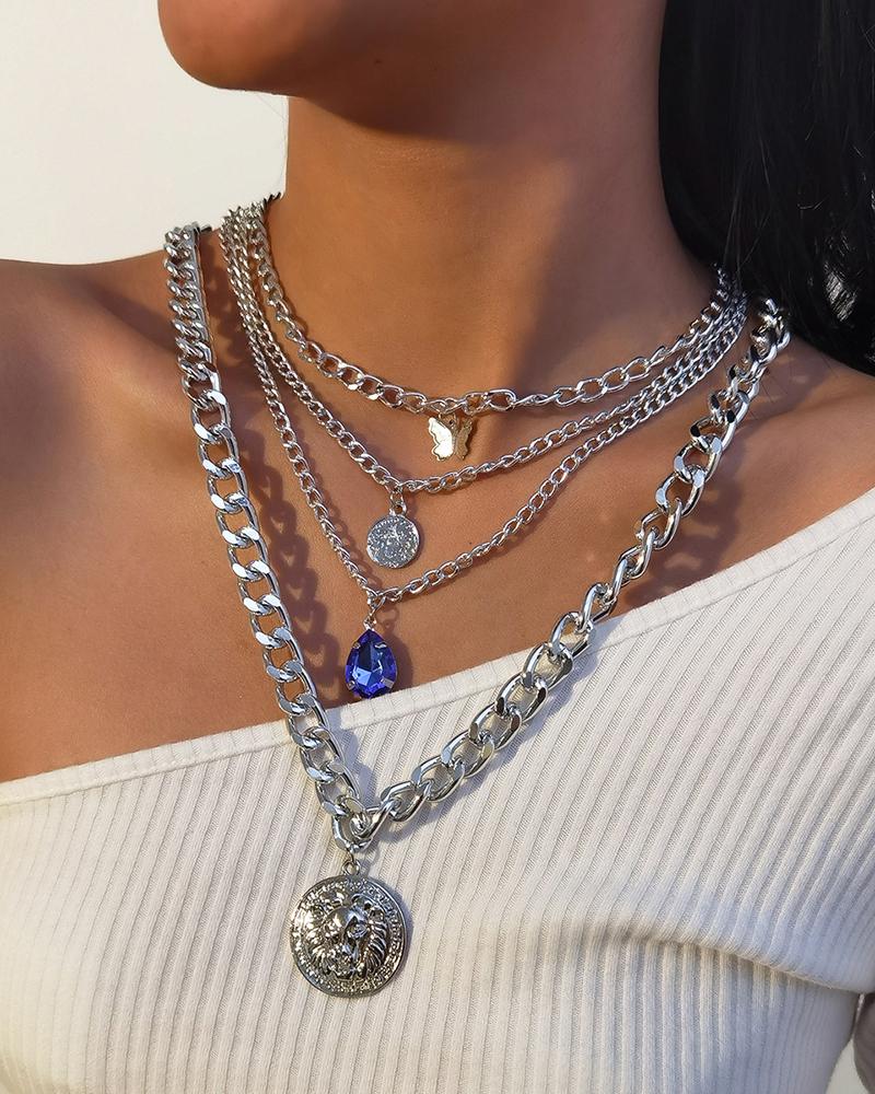 

Rinestone & Coin Decor Chain Layered Pendant Necklace, Silver