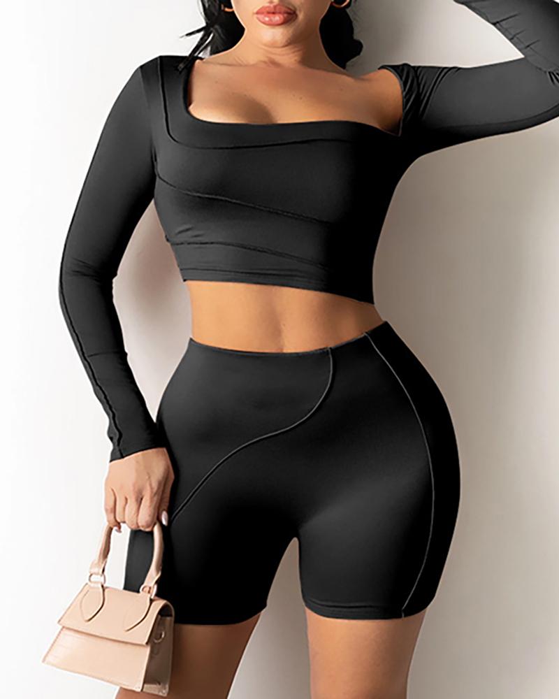 

Contrast Piping High Waist Long Sleeve Active Sets, Black