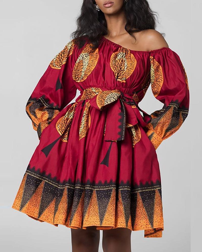 

Print One Shoulder Lantern Sleeve Mini Dress, Red