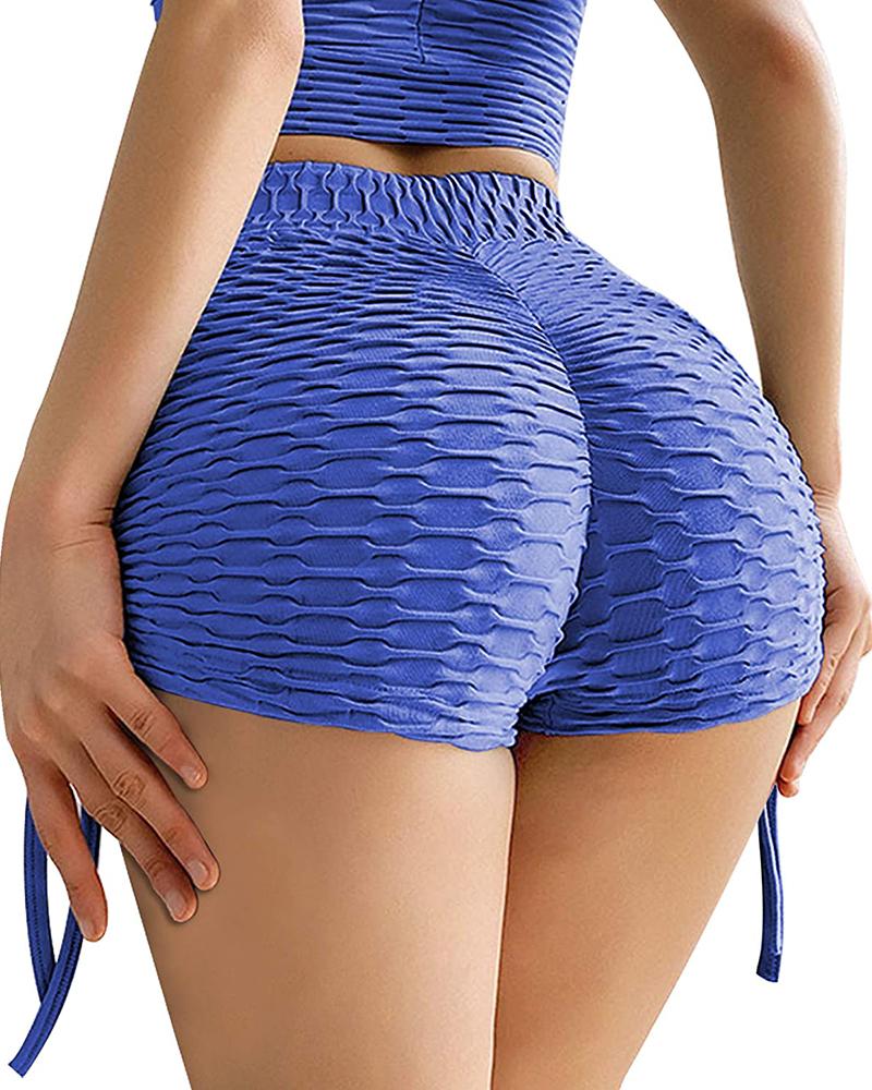 

Butt Lifting Ruched Textured High Waist Adjustable Yoga Shorts, Blue