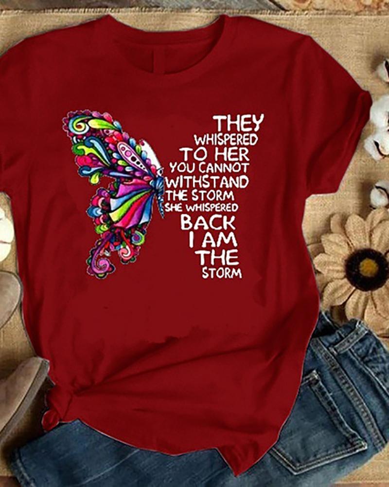 

Butterfly Print Short Sleeve T-Shirt, Wine red