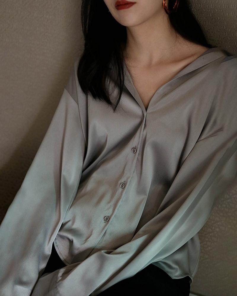 

Solid Long sleeve Button Through Satin Shirt, Gray