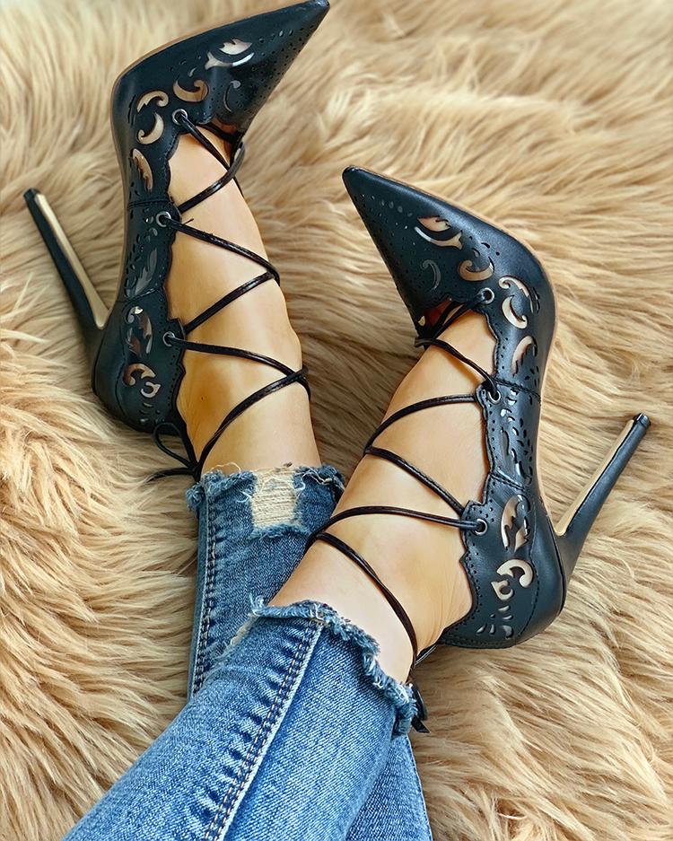retro hollow out bandage stiletto pumps