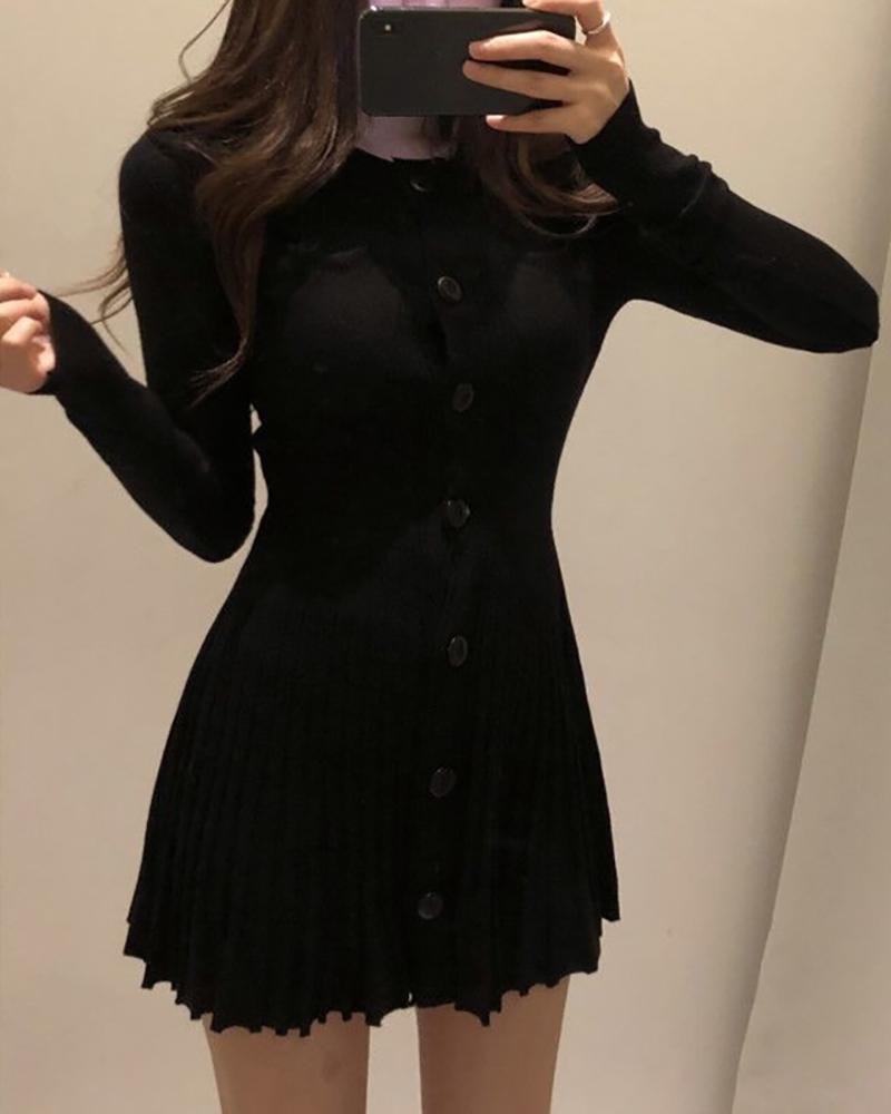 

Solid Round Neck Riibbed Long Sleeve Buttoned Pleated Dress, Black