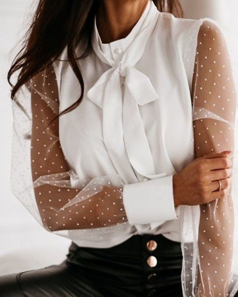 

Sheer Mesh Polkadot Print Tie Neck Women Blouse, White