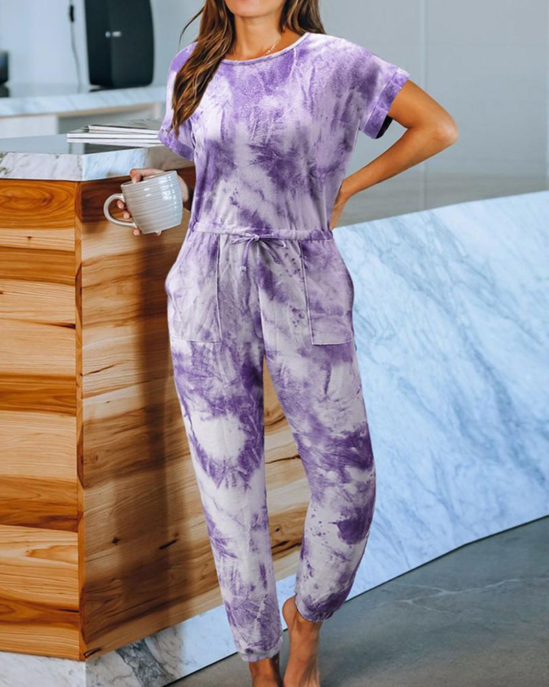 

Tie Dye Print Drawstring Jumpsuit, Purple