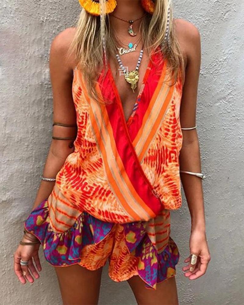 

All Over Print Ruffle Hem Sleeveless Rompers, Red