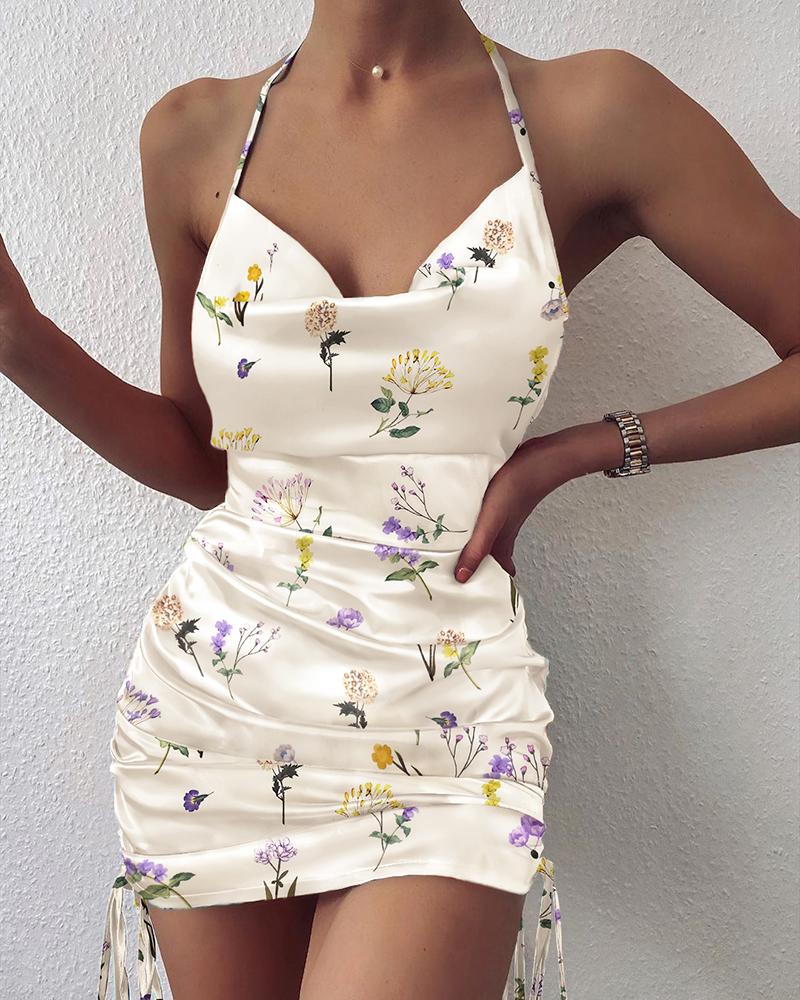 

Ditsy Floral Print Halter Ruched Bodycon Dress, Beige