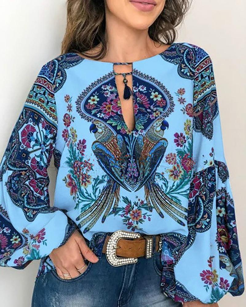 

Exotic Print O-neck Lantern Sleeve Women Blouse, Blue