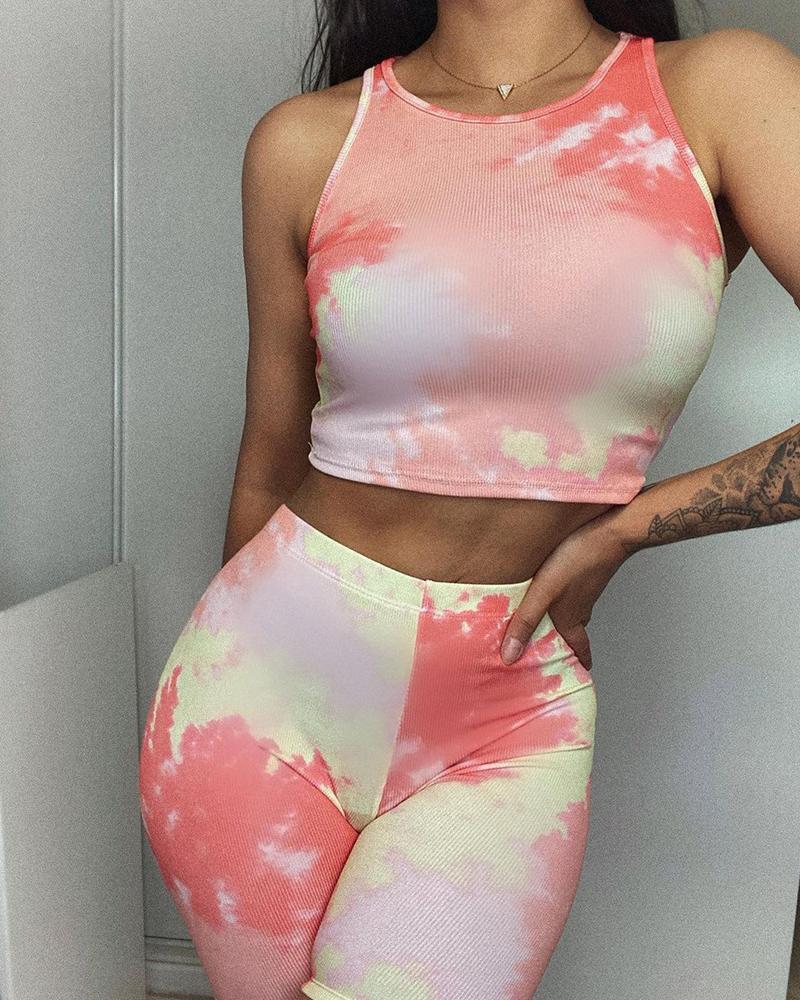 

Tie Dye Print Tank Top & Pants Set, Pink