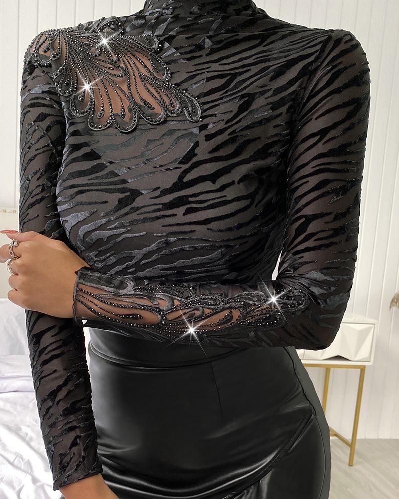 

Studded Hollow-out Sheer Mesh Top, Black