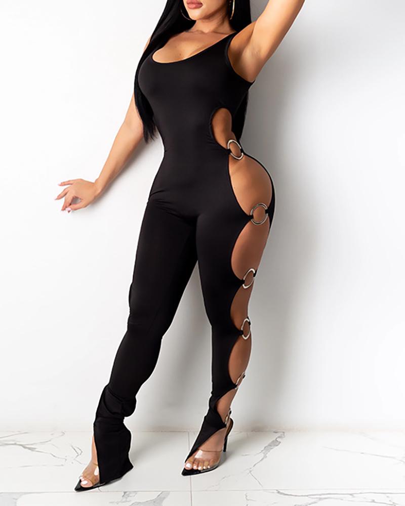 

Ladder Cutout O-Ring Decor Sleeveless Jumpsuit, Black