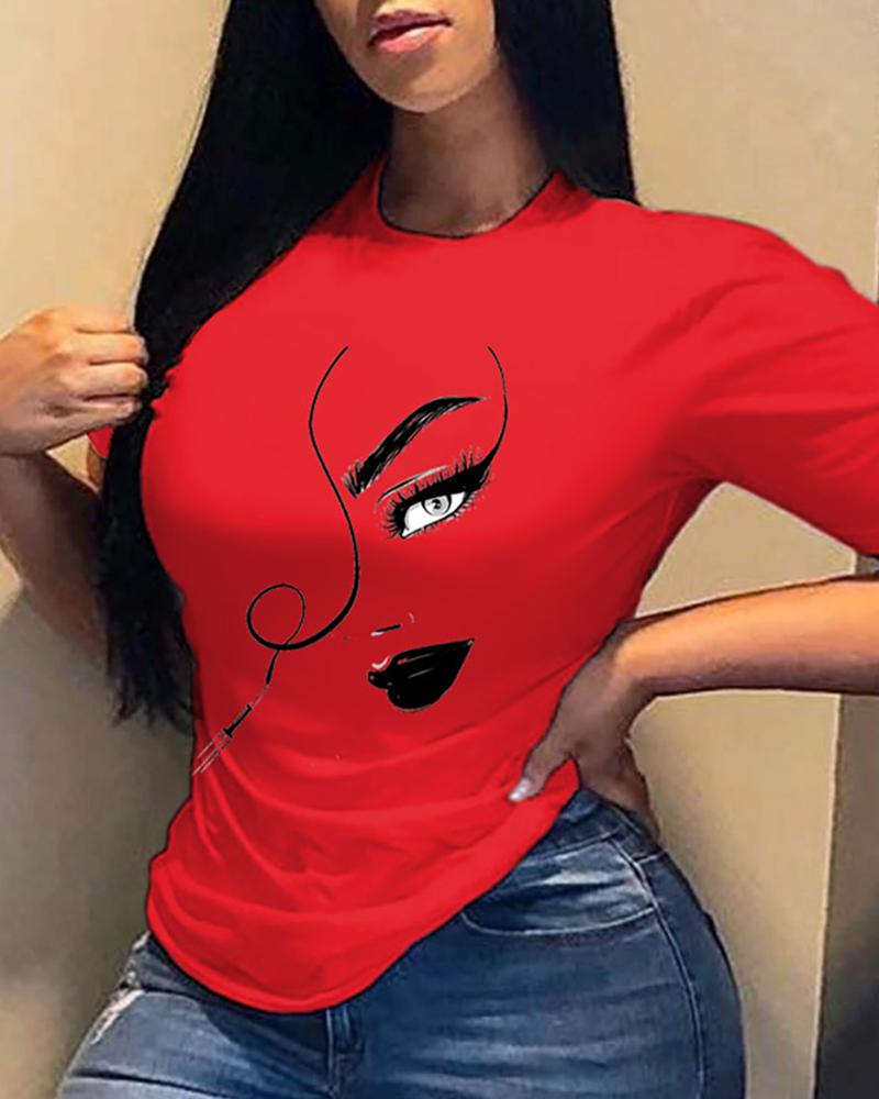 

Figure Print Short Sleeve Casual T-shirt, Red