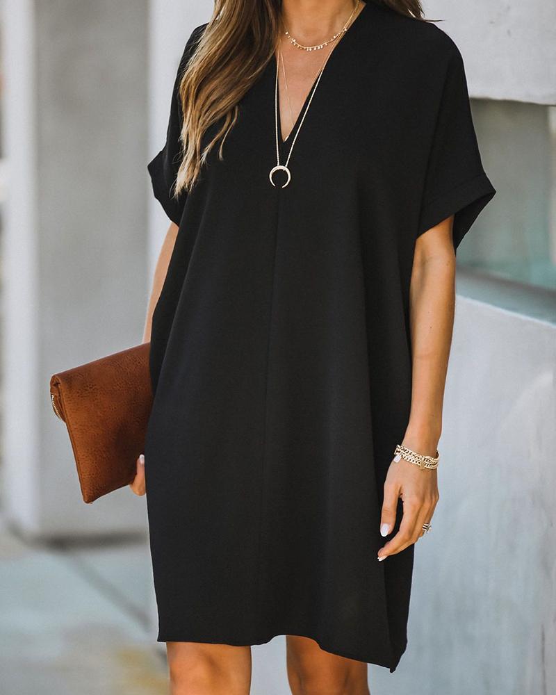 

V Neck Shift Mini Dress, Black