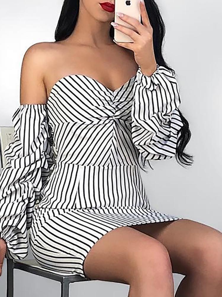 

Stripes Off Shoulder Puff Sleeve Bodycon Dress, White