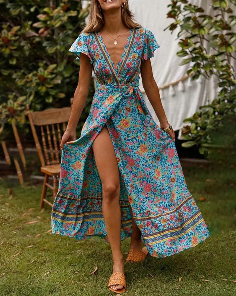 

Surplice Neck Floral Print Short Sleeve High Slit Maxi Dress, Light blue