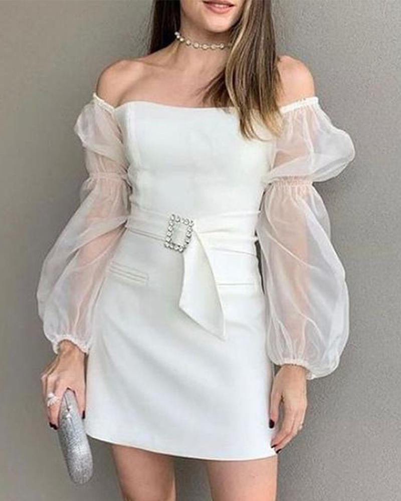 

Mesh Lantern Sleeve Buckle Belted Dress, White