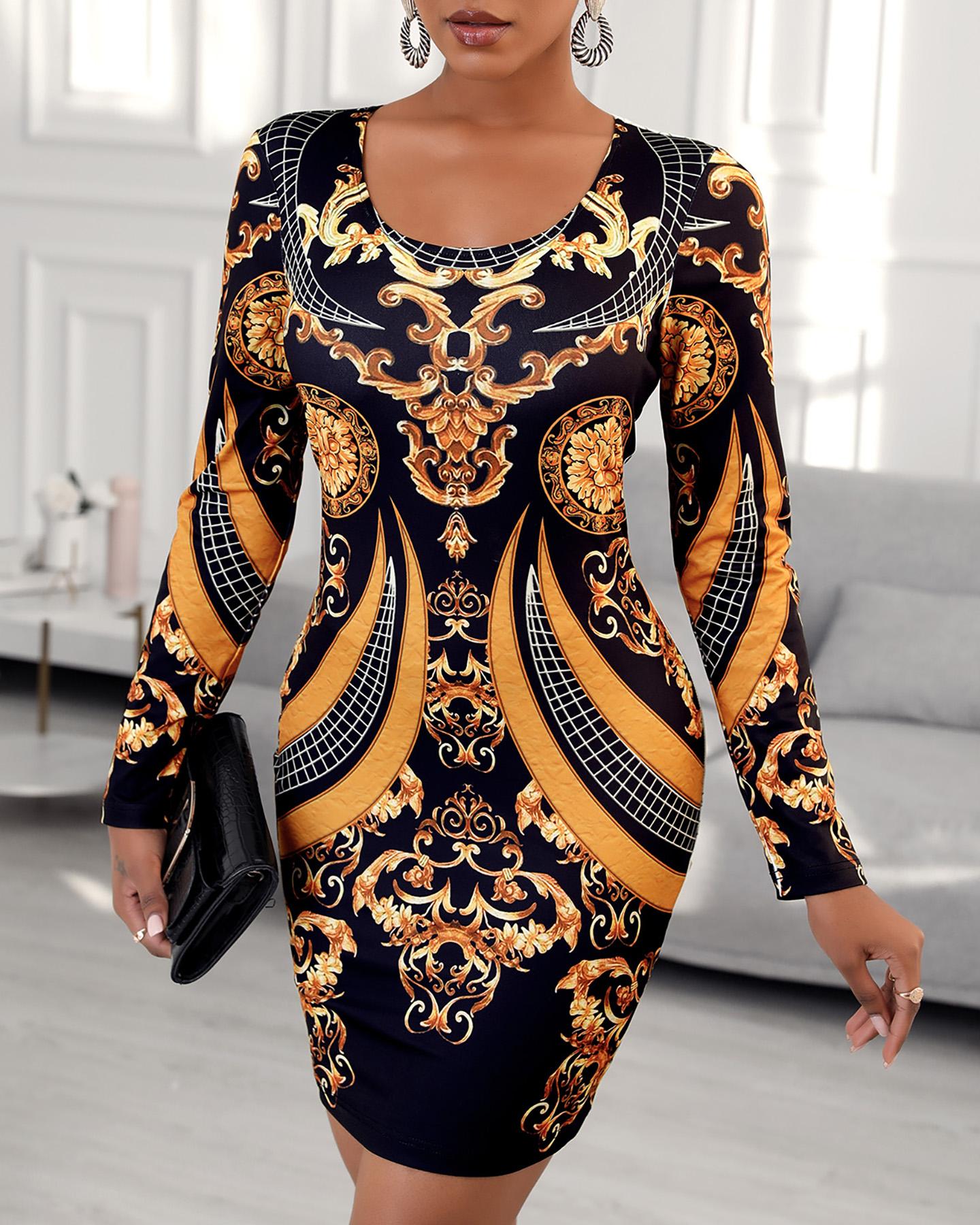 

Scarf Print Long Sleeve Bodycon Dress, Black