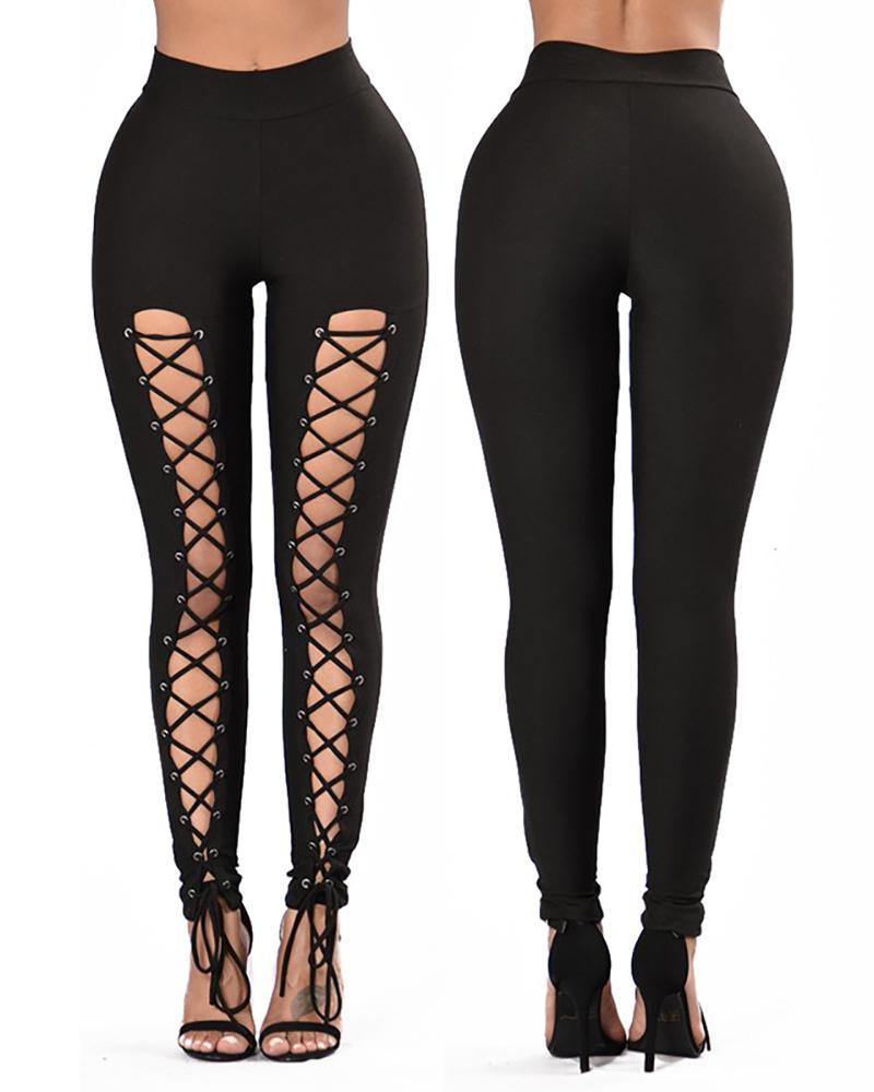 

High Waist Eyelet Lace-up Skinny Leggings, Black