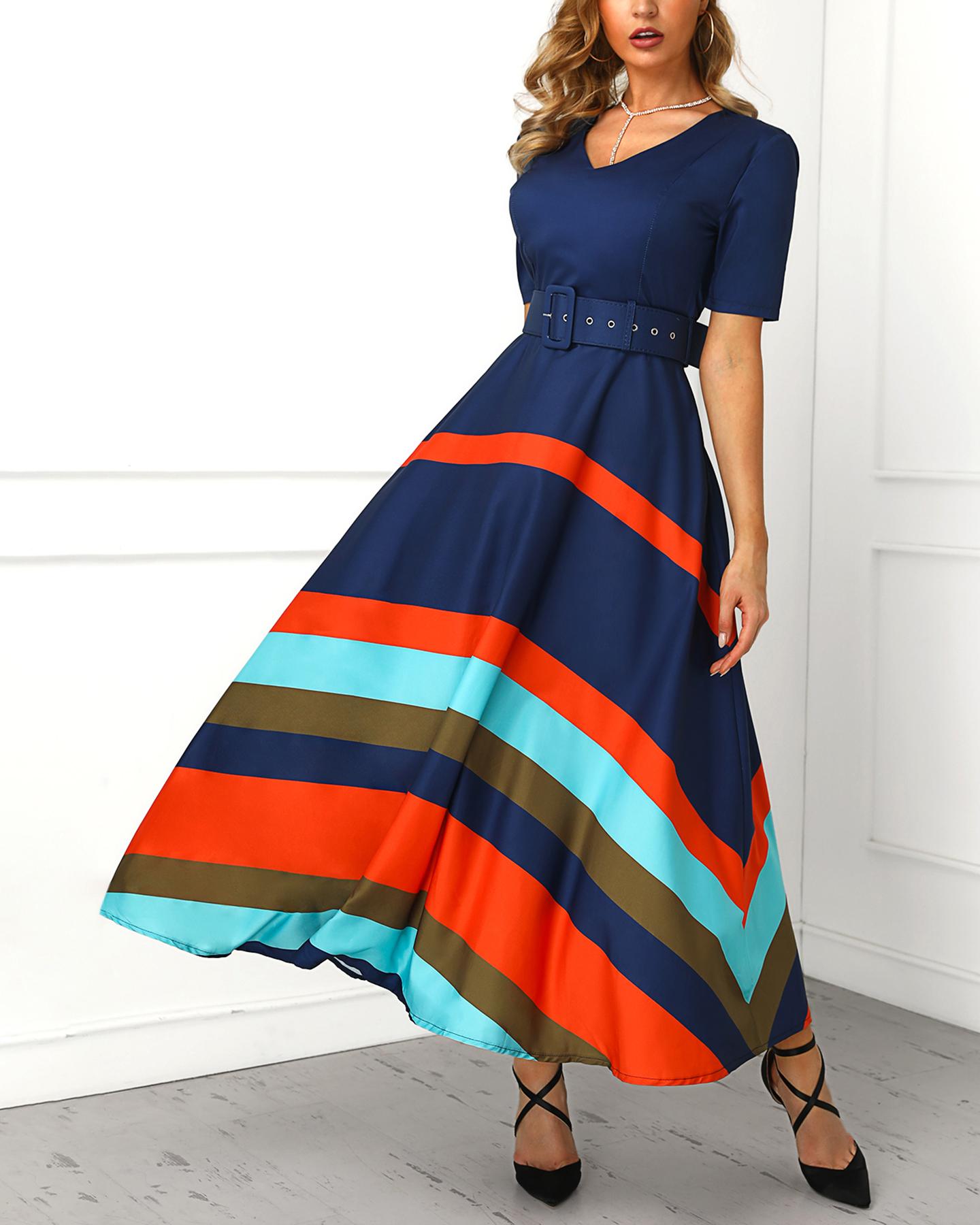 

Colorful Striped Short Sleeve V-Neck Dress, Dark blue