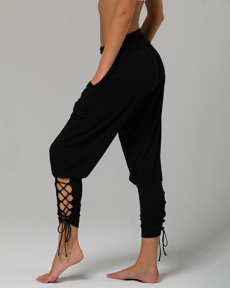 

Tied Cuffed Bandage Casual Pants, Black