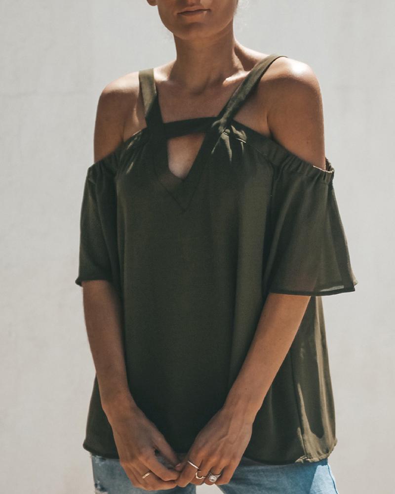

Cold Shoulder Cutout Front Bell Sleeve T-shirt, Army green