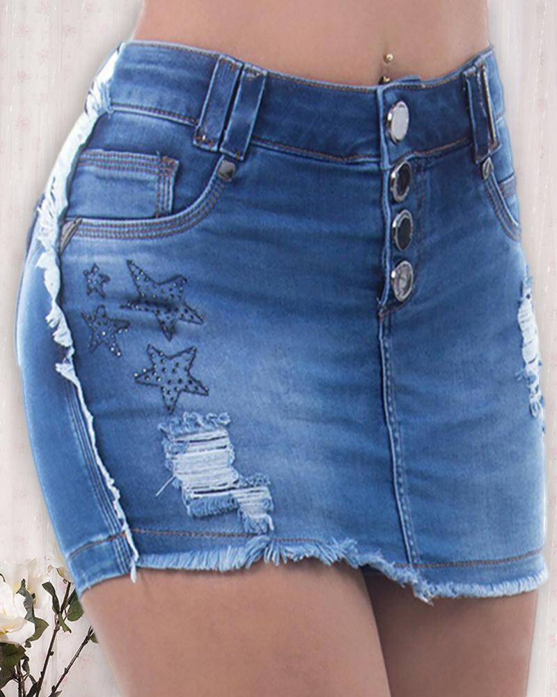 

Star Pattern Studded Fringe Hem Ripped Denim Skirt, Dark blue
