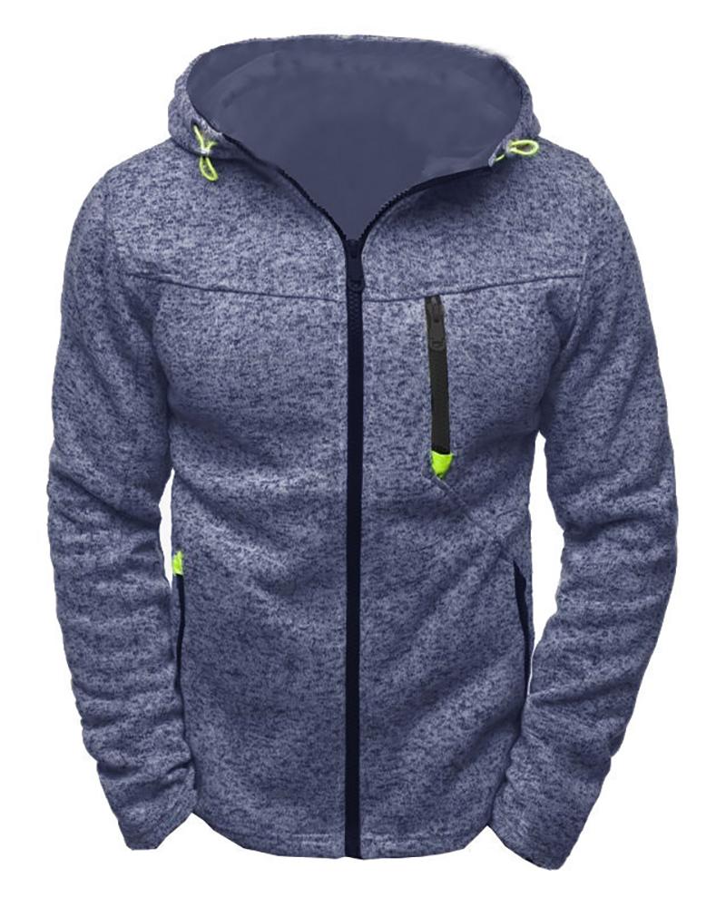 

Men Long Sleeve Zipper Design Hooded Coat, Blue