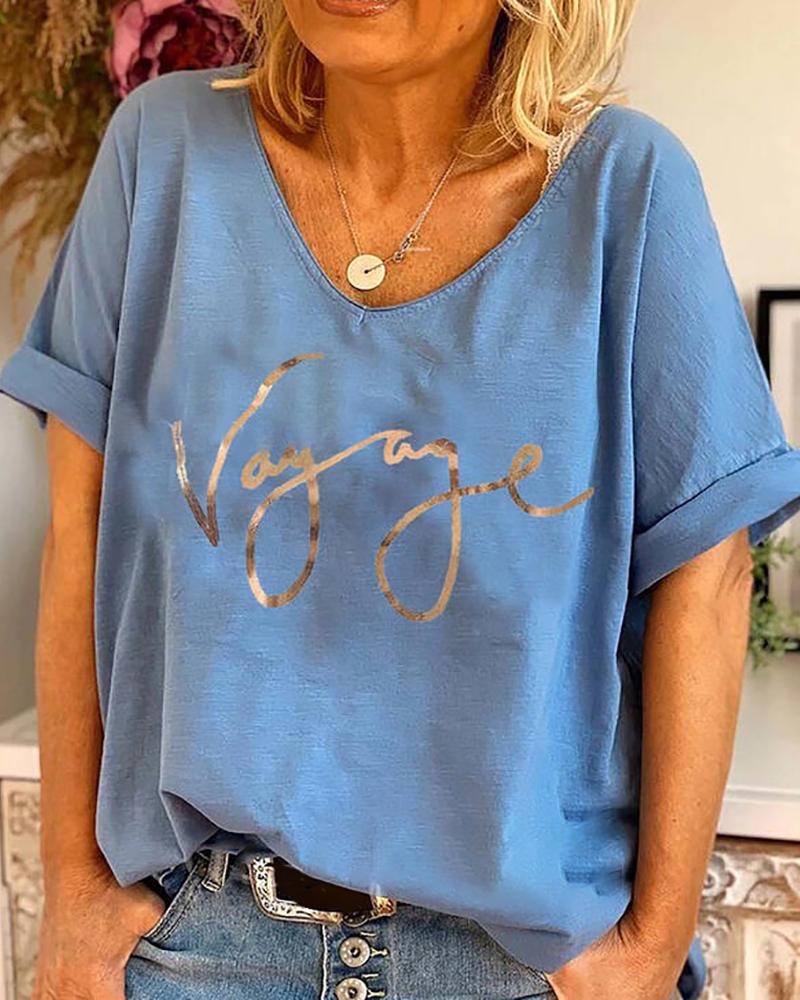 

Short Sleeve Brozning Letter Pattern Print V-Neck T-shirt, Blue