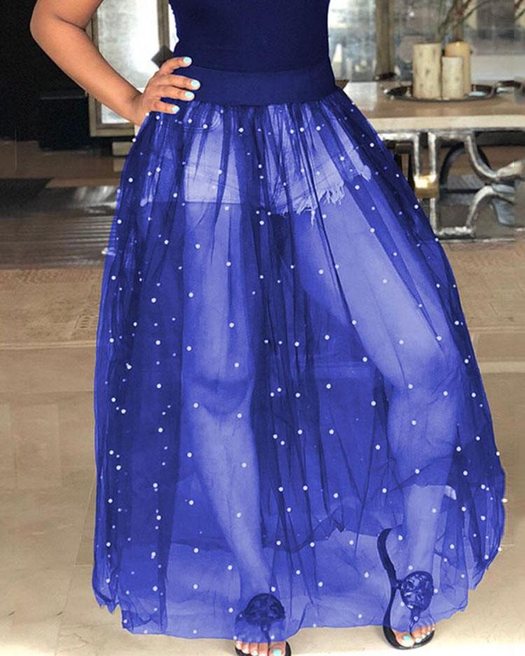 beading mesh splicing pleated maxi dress