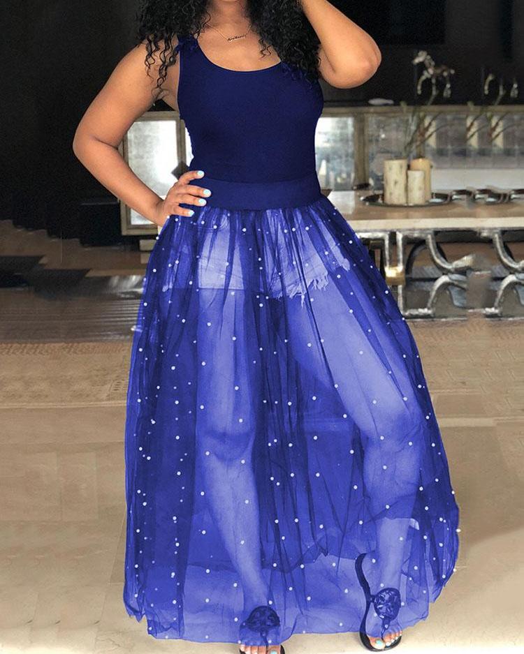 beading mesh splicing pleated maxi dress