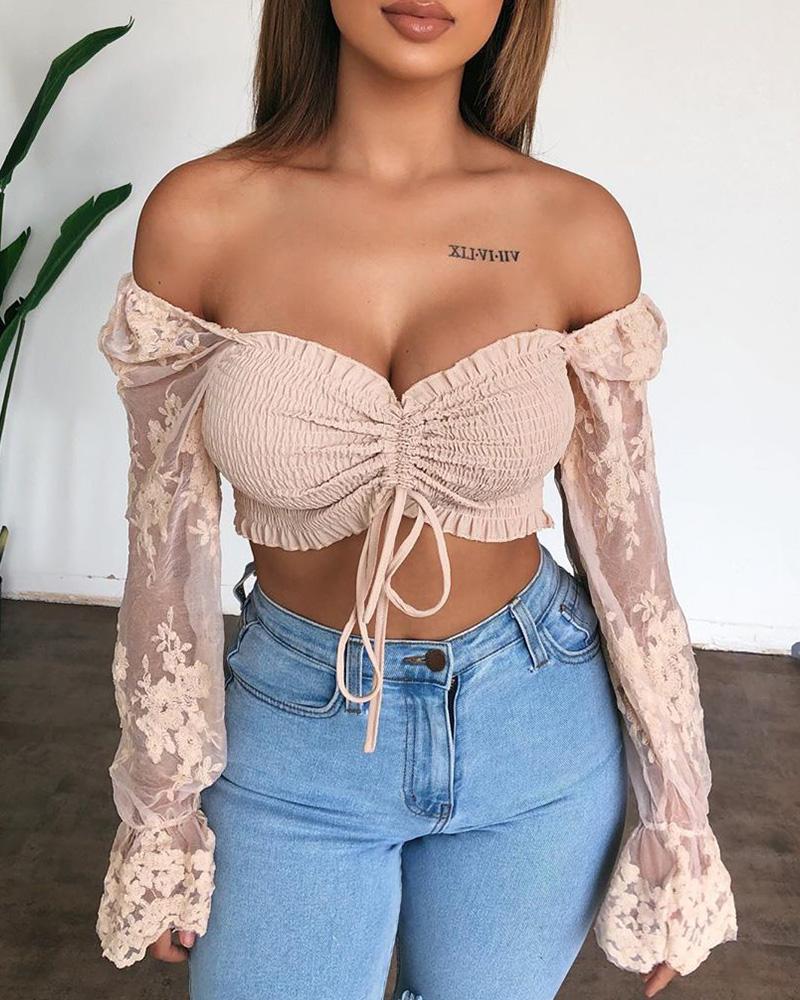 

Solid Long Latern Sleeve Skinny Cropped Blouse, Apricot