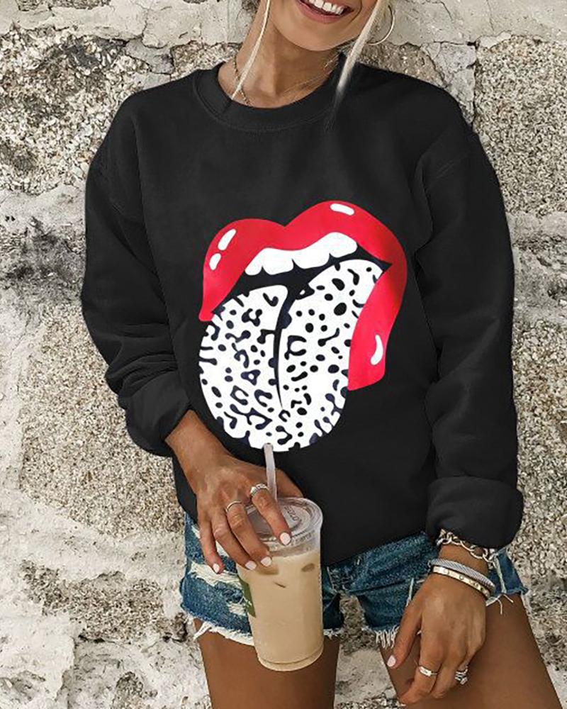 

Letter / Lip / Cheetah Print Long Sleeve Casual Sweatshirt, Style3