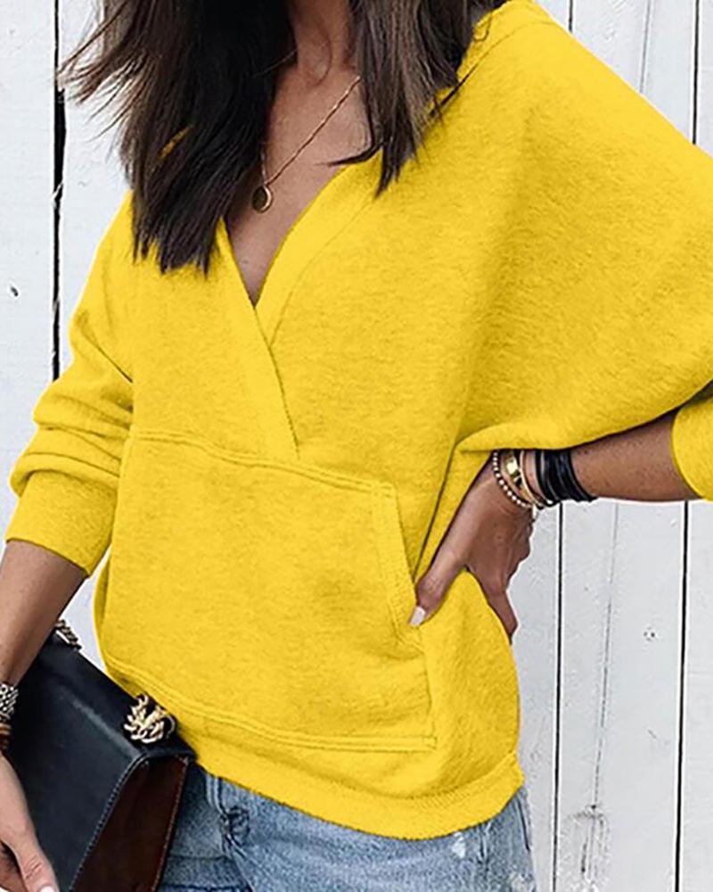 

Solid V-Neck Long Sleeve Pocket Casual Sweatshirt, Yellow
