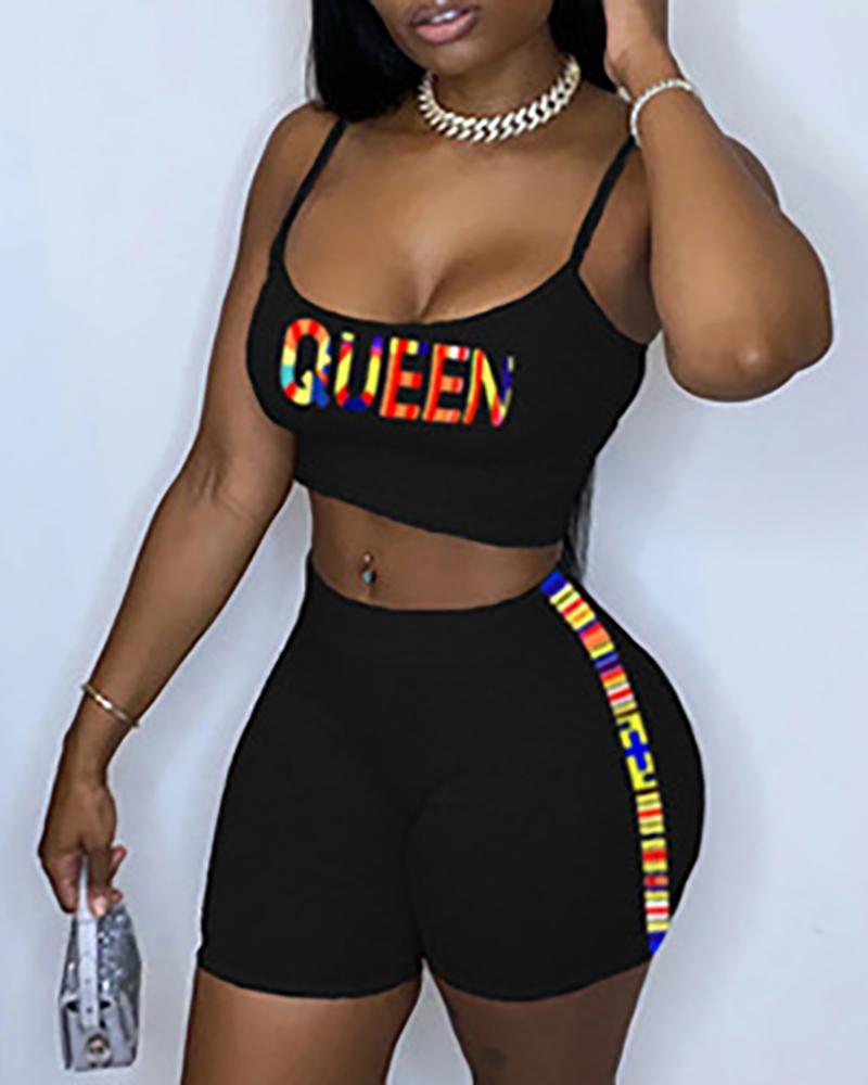 

Letter Print Spaghetti Strap Crop Top & Colorblock Shorts Set, Black