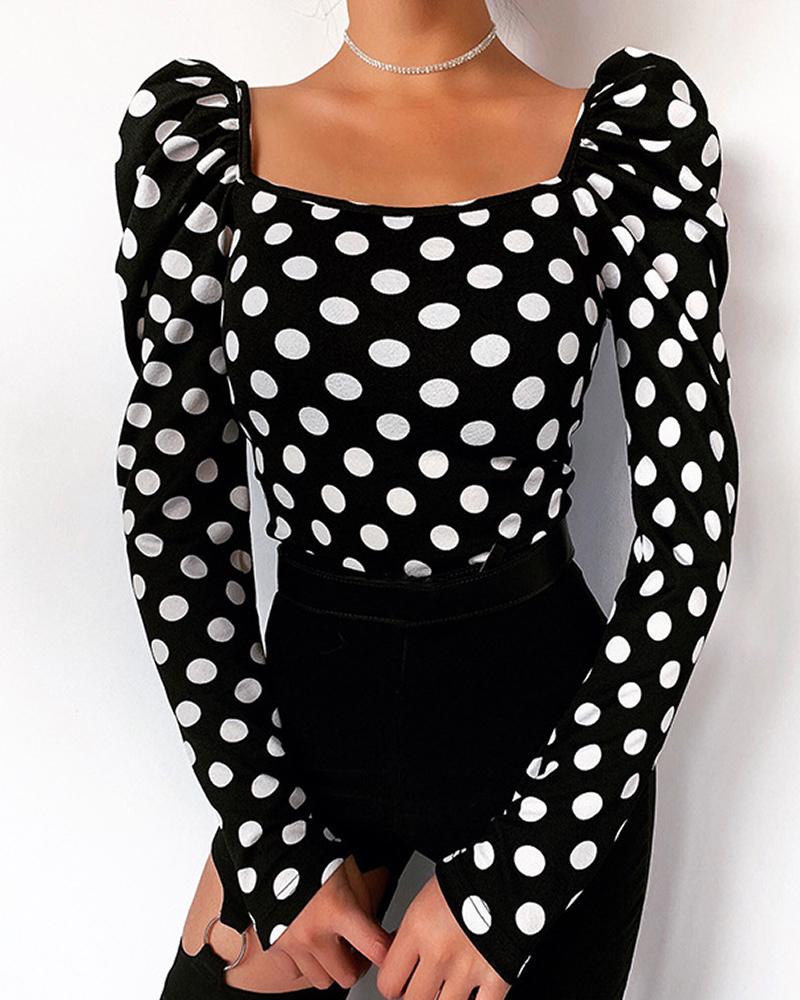 

Dot Print Puffed Sleeve Blouse, Black