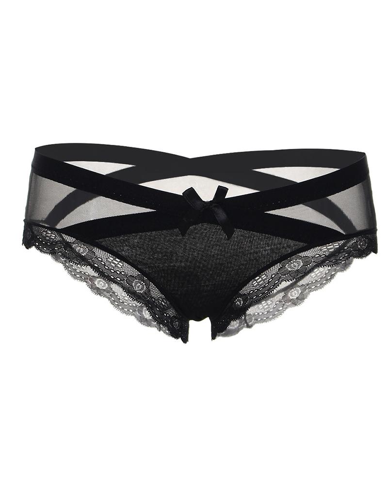 

Lace Trim Sheer Mesh Bowknot Panty, Black