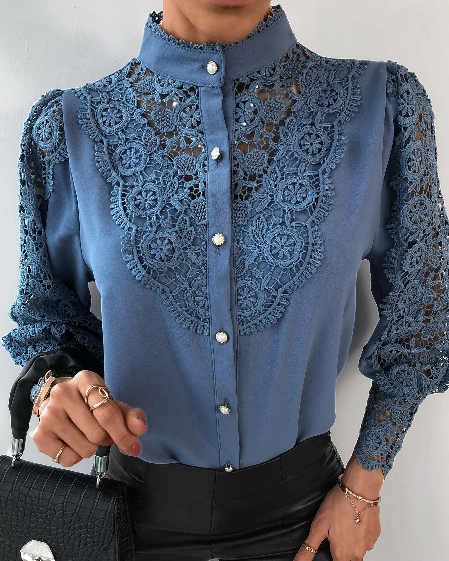 

Guipure Lace Button Design Lantern Sleeve Blouse, Blue