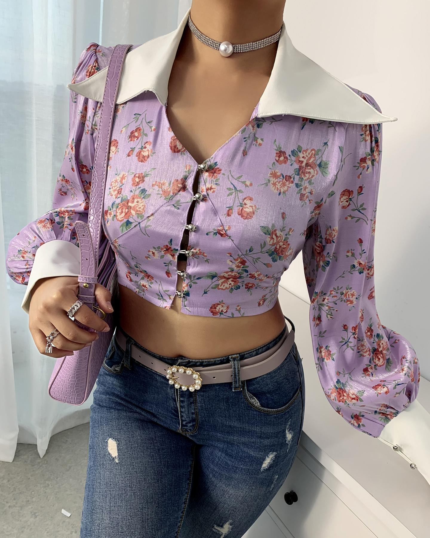 

Lantern Sleeve Floral Print Blouse, Purple