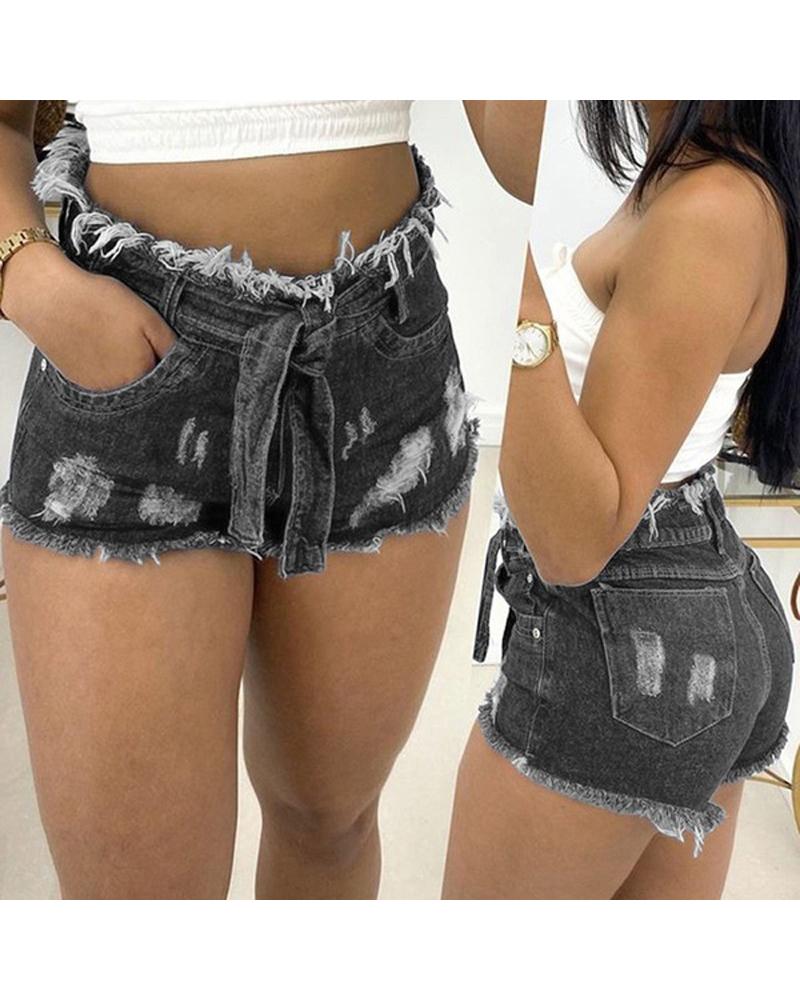 

Tie Front Denim Shorts, Gray